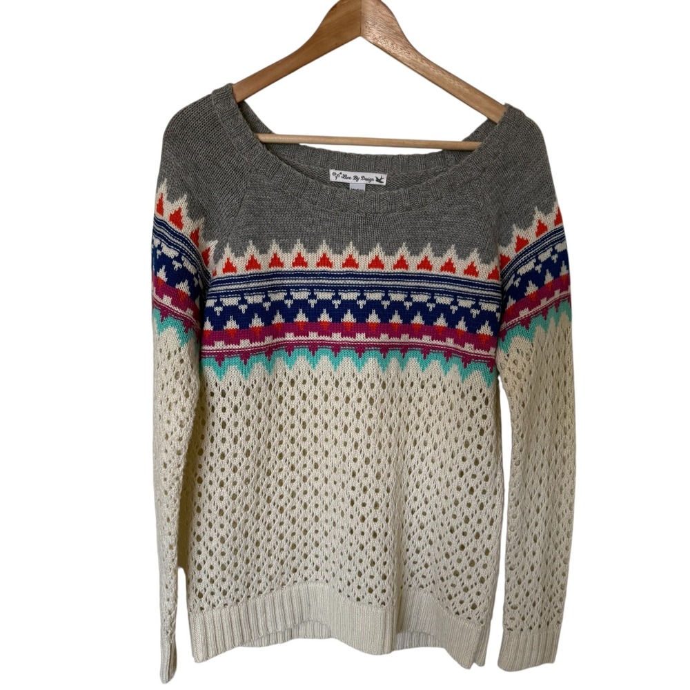 Love By Design Womens Gray Geometric Boho‎ Crochet Sweater Medium